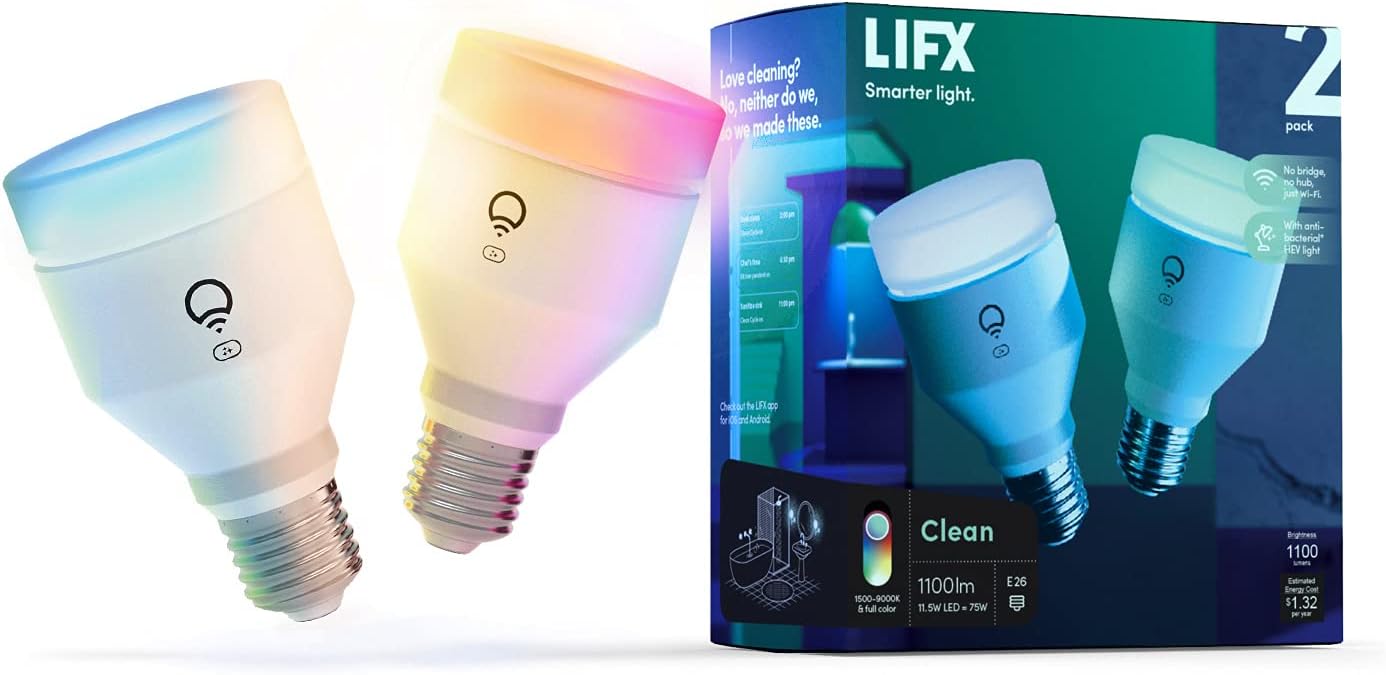 LIFX Clean, A19 1100 lumens, Full Color with Antibacterial HEV, Wi-Fi Smart LED Light Bulb, No Bridge Required, Compatible Alexa, Hey Google, HomeKit and Siri (2-Pack)