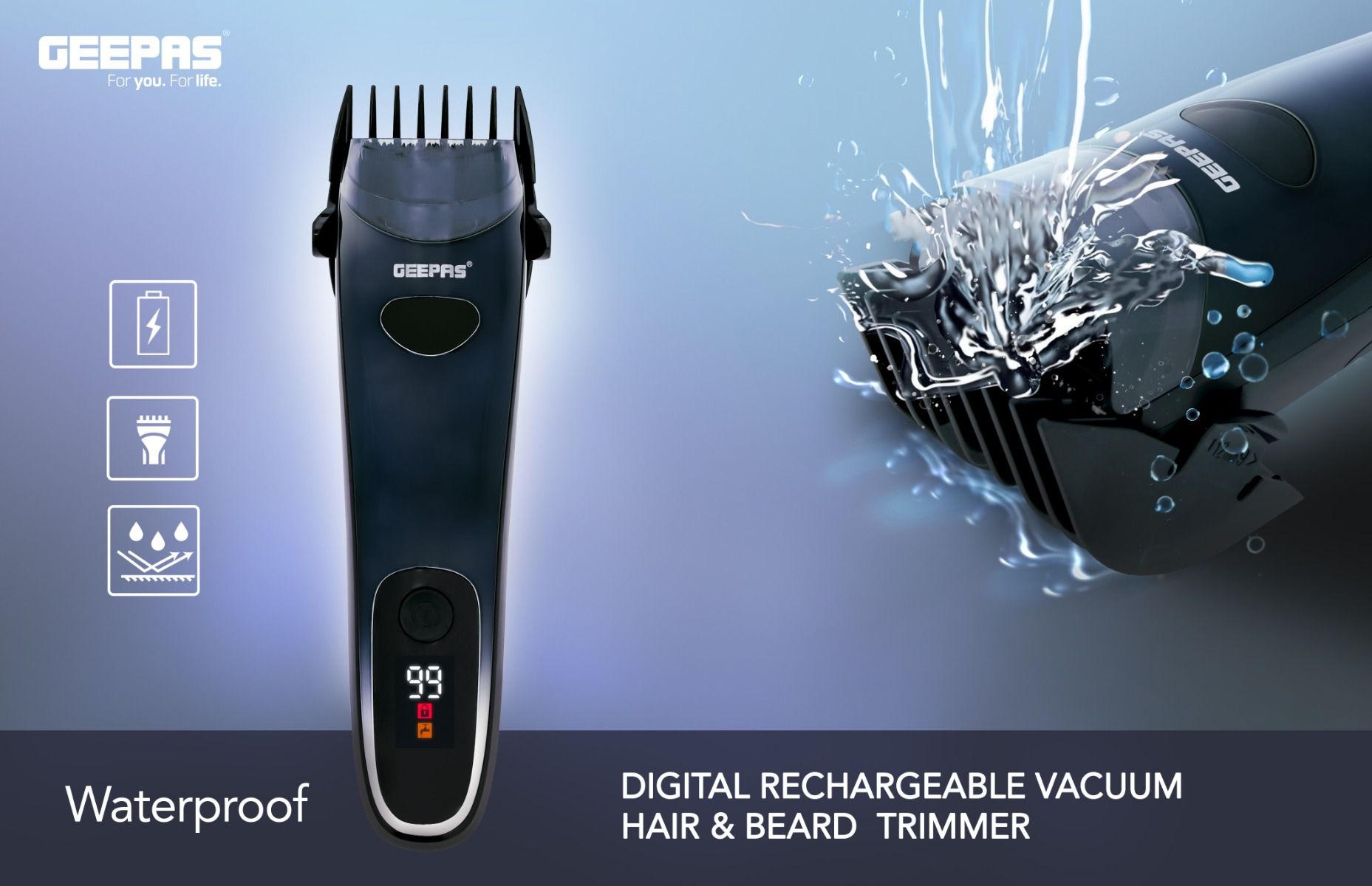 Geepas Digital Rechargeable Vacuum Hair & Bread Trimmer GTR56050 2 Guide Combs, 4 Cutting Lengths  Li-Ion Battery 60 Mins Working Time Ceramic+ Titanium Coated Blade