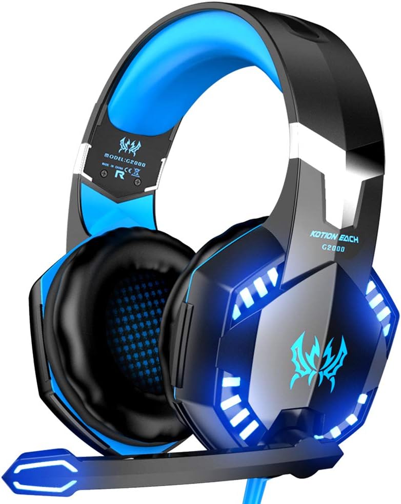 Versintech G2000 PC Gaming Headset with Volume Control, Stereo Over Ear Headphones with Microphone, Led lights for Laptop Notebook Desktop Computer Gamer - Blue