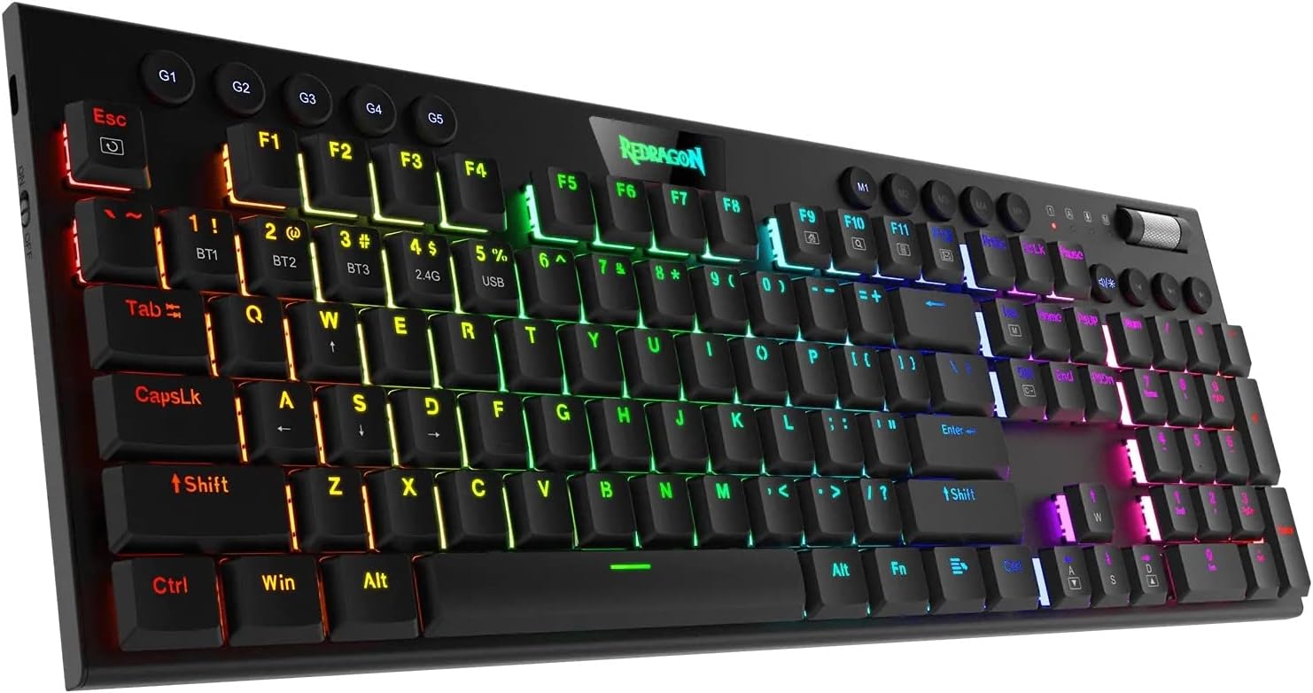 Redragon K618 Horus Wireless RGB Mechanical Keyboard, BT/2.4Ghz/Wired Tri-Mode Low Profile Gaming Keyboard w/Ultra-Thin Design, Dedicated Media Control & Linear Red Switch